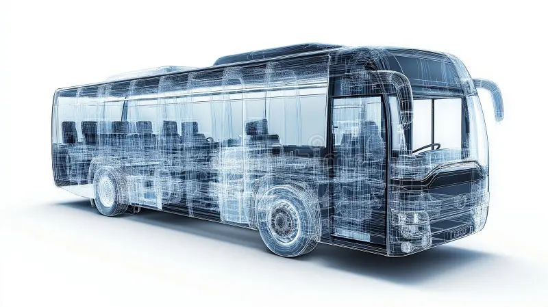 Vista técnica de la ingeniería de un bus: chasis, cabina y sistema de asientos.